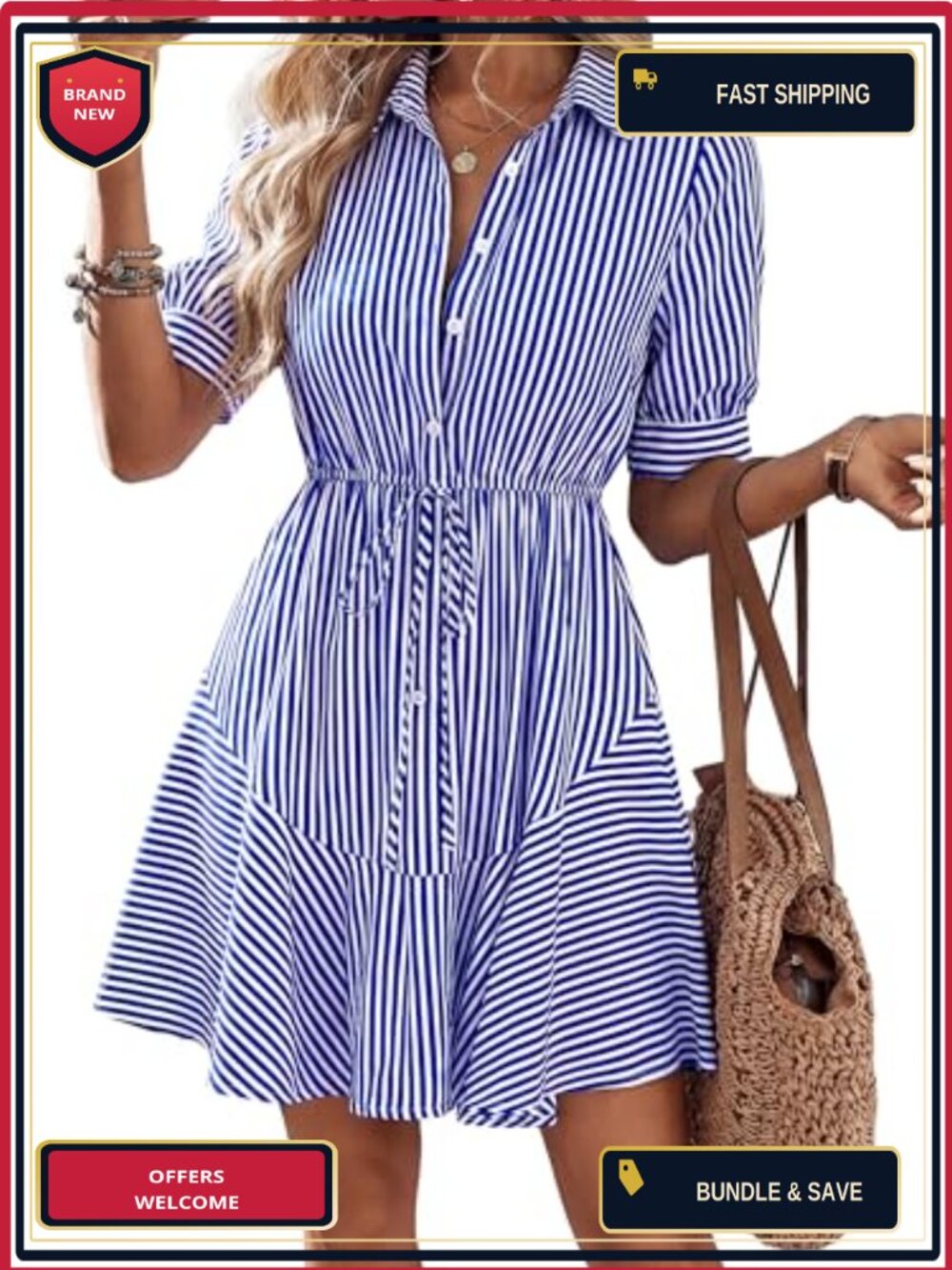Women's Striped Mini Summer Dress Button Work Dress Pockets Elastic High Waist